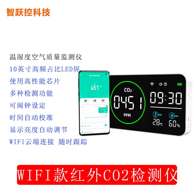 WiFi Infrared CO2 Detector, Portable Temperature, Humidity, and Air Quality Monitor