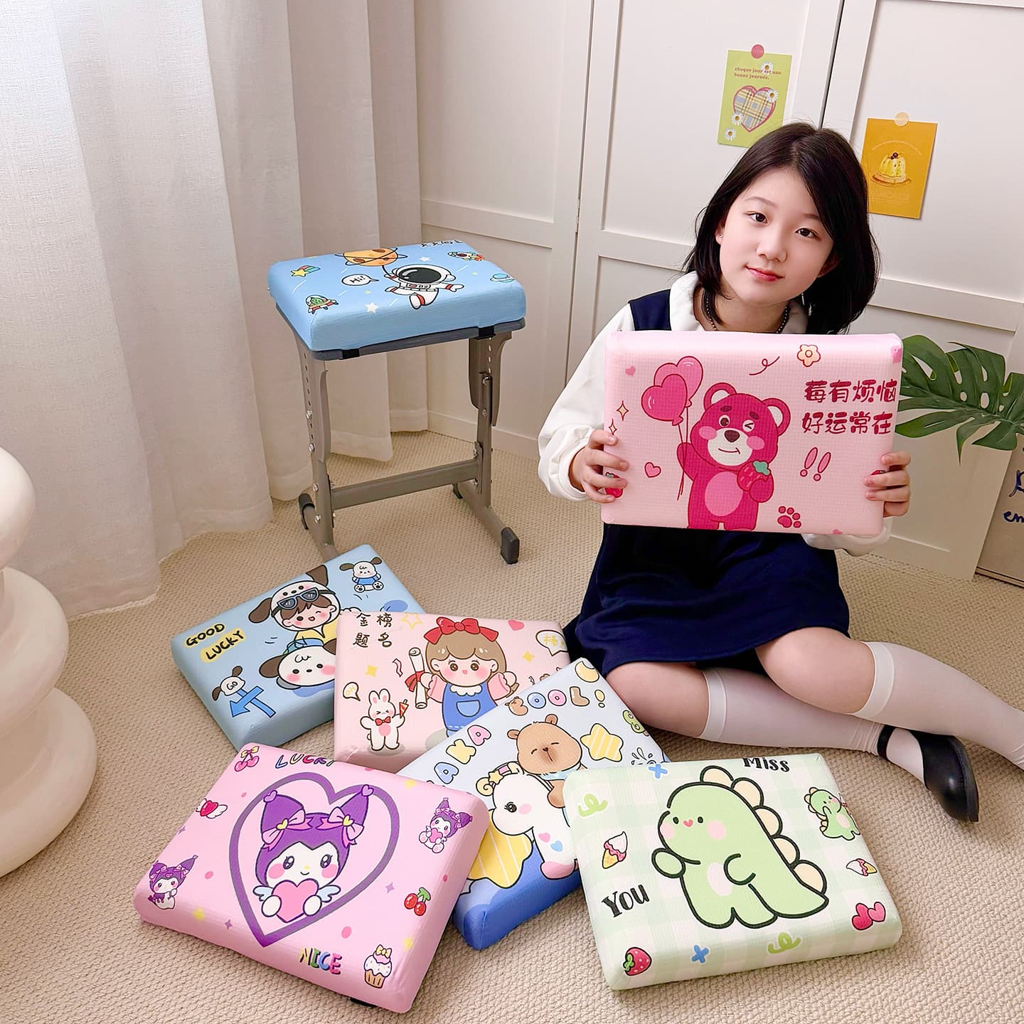 Summer long-term sitting cool ice silk cushion slow rebound memory foam classroom primary school student chair butt cushion cartoon