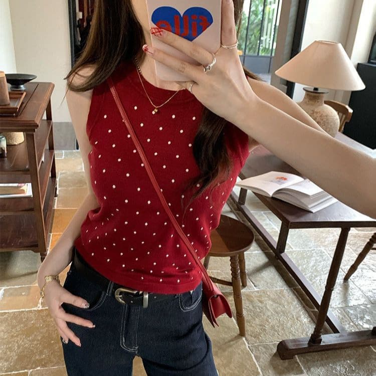 Hong Kong Style Red Polka Dot Sleeveless Knit Top Women's Summer New Retro Vest Camisole