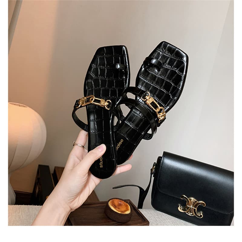 Square Toe Gold Buckle Double Strap Crocodile Pattern Open Toe Flat Genuine Leather Sandals for Women Summer