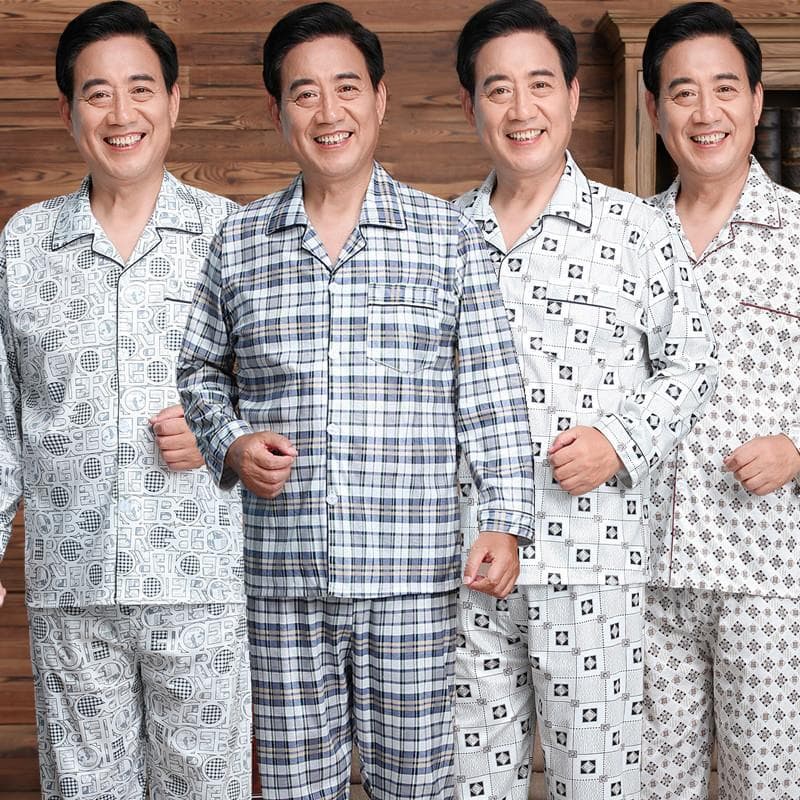 Pajamas for men spring and autumn middle-aged and elderly cotton long-sleeved men's plus size middle-aged dad suit home clothes thin summer