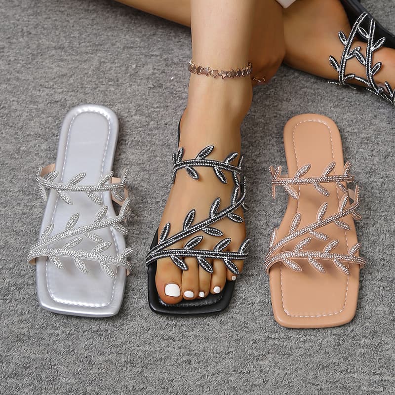 Foreign trade large size square toe flat bottom slip-on sandals for women 2026 new style leaf rhinestone decorated fashion sexy sandals