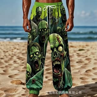 Green Background Horror Zombie Crowd Digital Print Joggers Halloween Unique Scary Zombie Drawstring Loose Long Pants