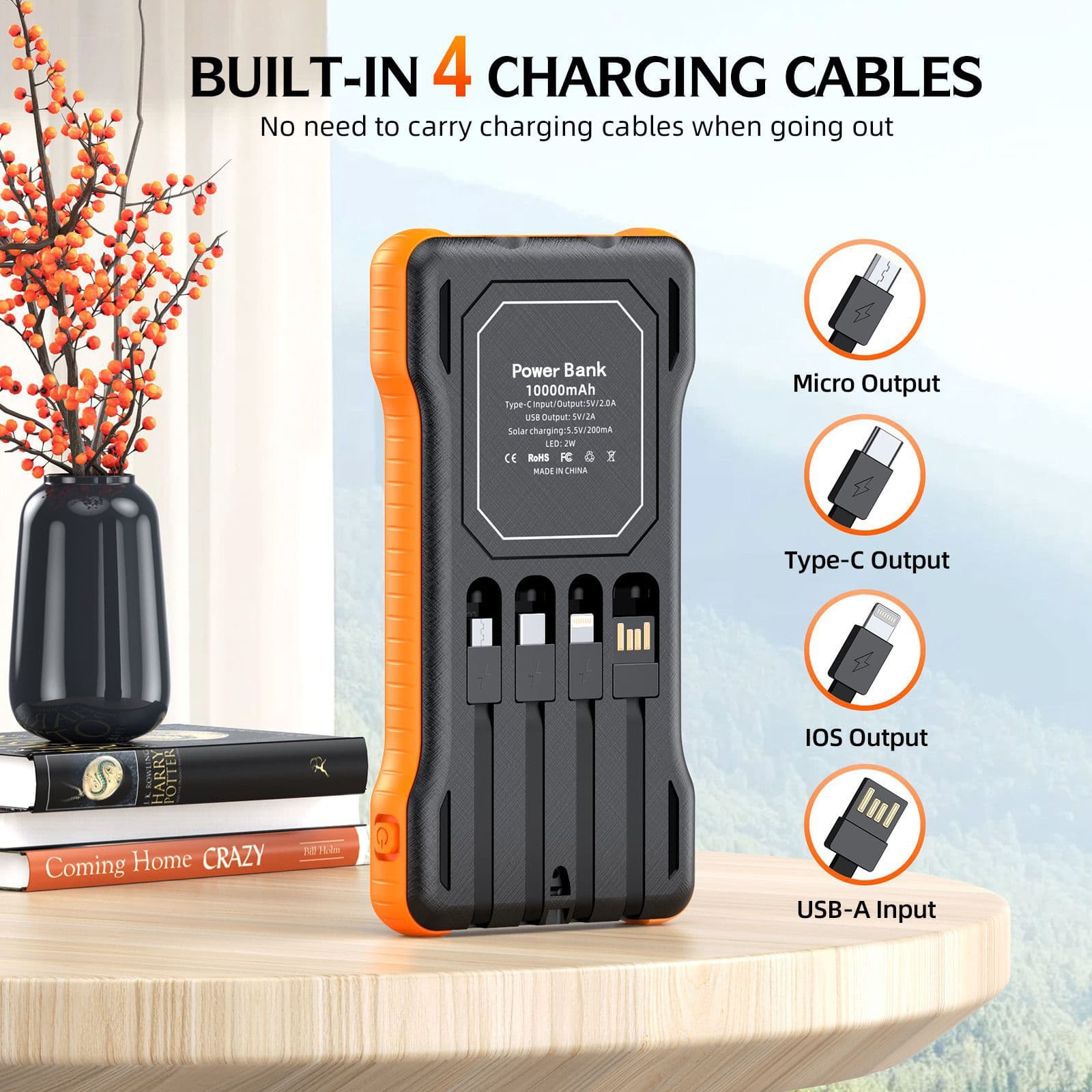 Cross-border Outdoor Solar Power Bank 10000mAh Dual LED Flashlight with Cable Multi-Function Mobile Power Bank Custom