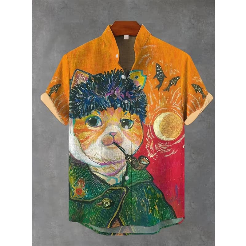 Hawaiian Funny Cat 3D Print Funny Shirt Men's Shirt Fashion Short Sleeve Casual Beach Single Breasted Button Down Shirt