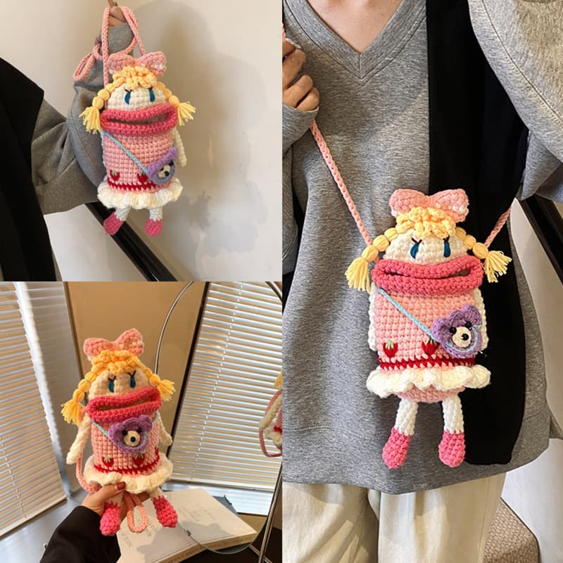 2024 Girls Crossbody Bag Handmade Crochet Knitted Cute Bow Shoulder Bag
