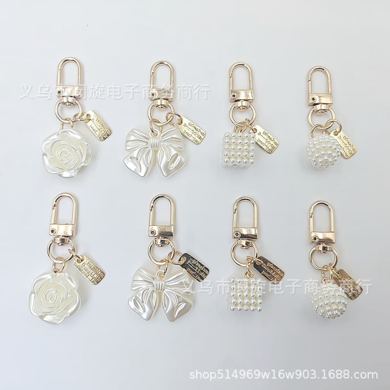 Pearl Color Keychain Charm Bow Flower Square Pendant Car Keychain for Women Bag Charm