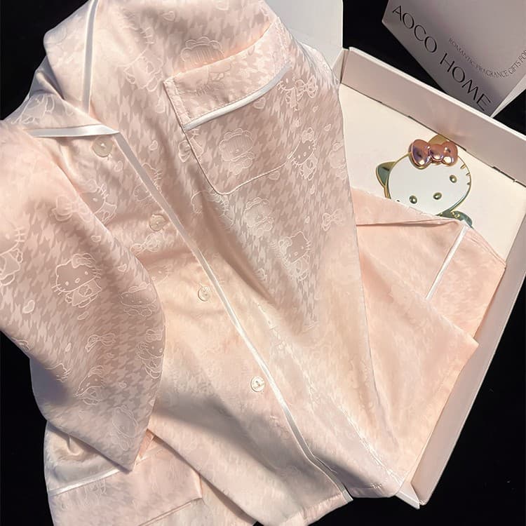 Cross-Border Ice Silk Pajamas Women's Summer Thin Cartoon Cute Sweet Open Collar Imitation Silk Homewear Set