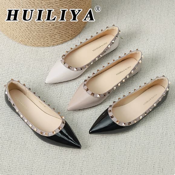 Hui Liya W925-1 Nude-Colored Studded Flat Shoes, Pointed-Toe Women's Shoes, Shallow Mouth, European and American Style, Soft Sole, Low Heel Flats
