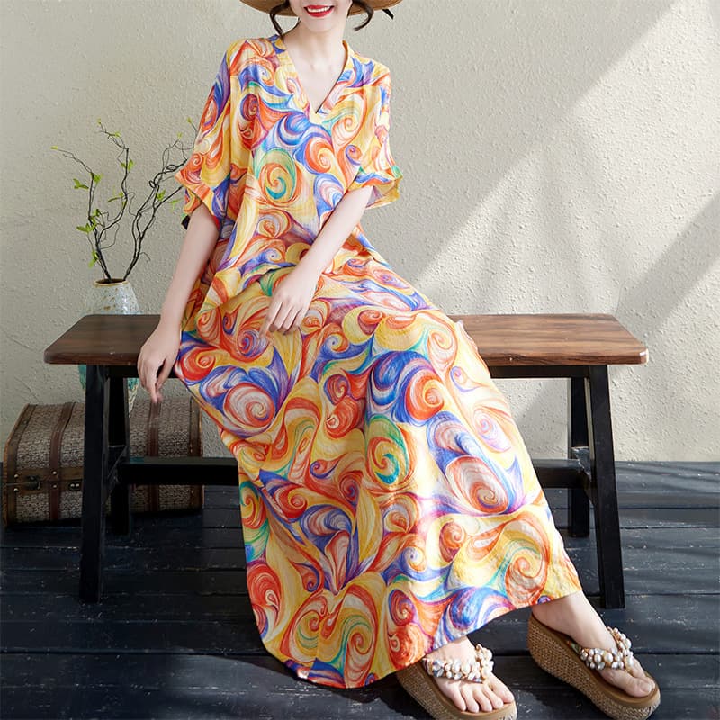 Summer V-Neck Light Cotton Linen Plus Size Loose Artistic Vacation Beach Dress Retro Flattering Long Robe