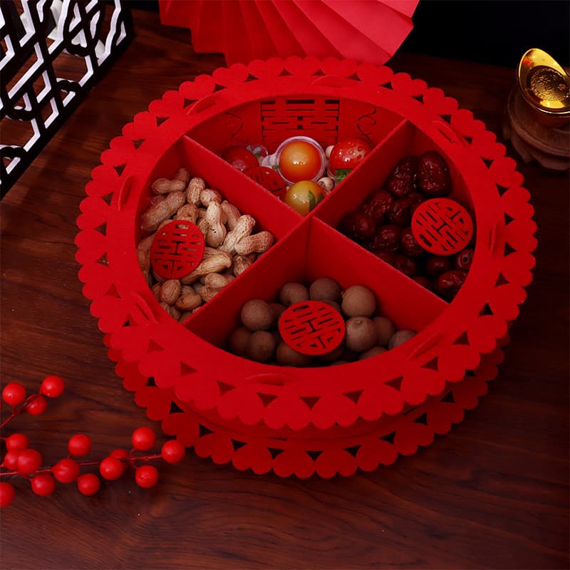 Wedding fruit plate for home use, dried fruit dish, red non-woven fabric happiness candy and melon seeds, Chinese wedding supplies for happy events