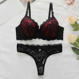 Cross-Border Sexy Lingerie Lace Bra Set with Underwire with Size Black Molded Cup Bra with Pads Sexy Lace