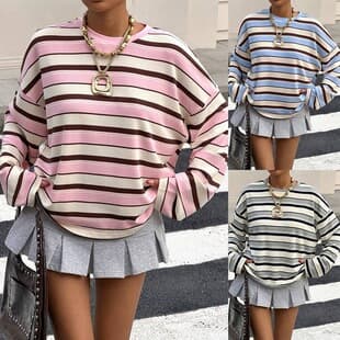 Europe and America Cross-Border Amazon TikTok 2026 Autumn Winter New Women Round Neck Contrast Stripe Pullover Loose Sweatshirt