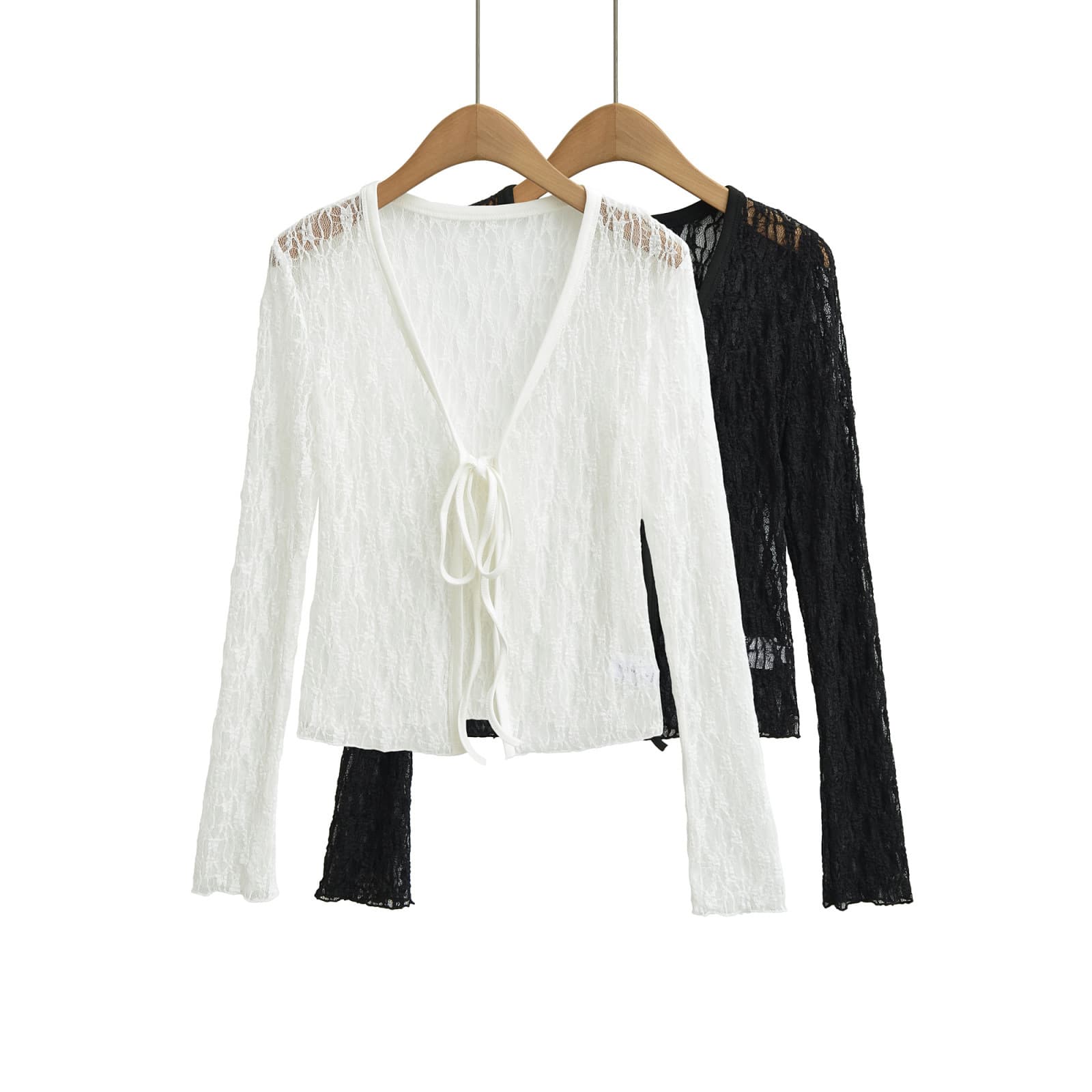 Pure and Seductive V-Neck Low-Cut Lace-Up Long-Sleeve Lace Top for Women, Summer Style Thin See-Through Tie-Front Fitted Cardigan