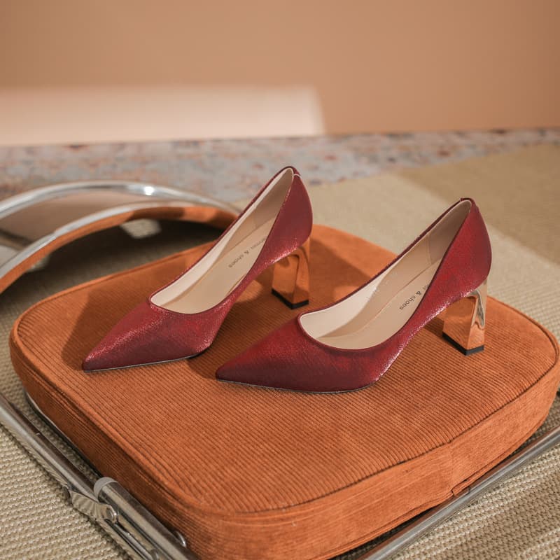 7777E High-Heeled Shoes for Women, High-End Satin Bridesmaid Shoes, Simple Shallow Mouth Single Shoes, Pointed Toe, Thick Heel, Burgundy Wedding Shoes