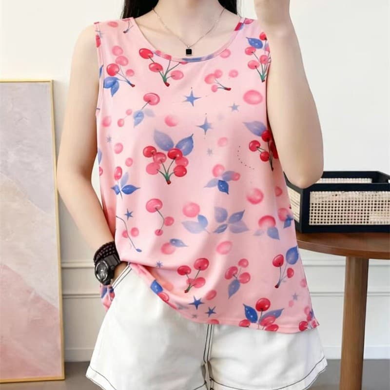 Summer Cotton Silk Vest for Women, Innerwear Sleepwear Homewear, Plus Size Loose Artificial Cotton, Thin Floral Camisole T-Shirt