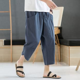 Linen Capri Pants for Men Summer Thin Chinese Style Beach Pants Loose Big Size Harem Pants Cotton Linen Chinese Shorts
