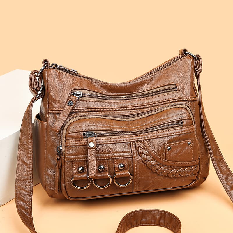 Women's New Washed Soft Leather Large Capacity Multi-pocket Single Shoulder Crossbody Bag European Style Ladies Handbag