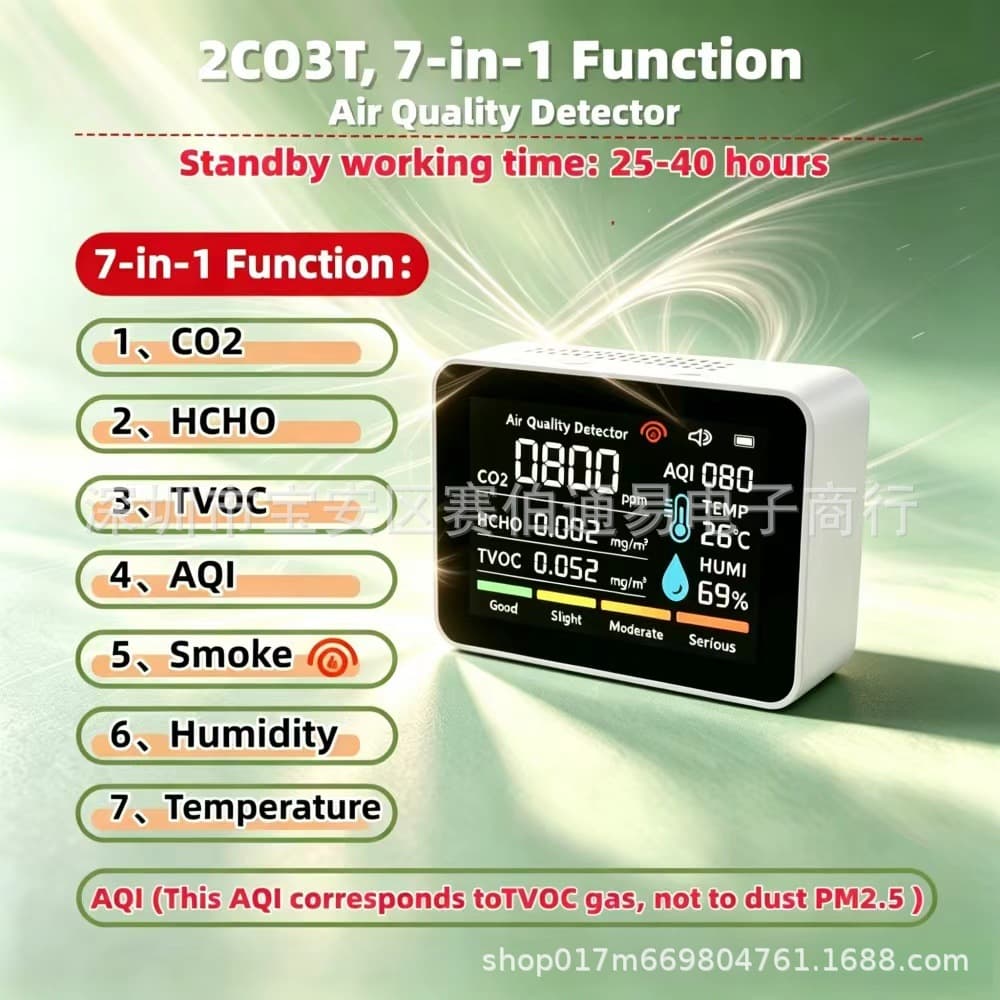 New Cross-Border 7-in-1 Multi-Function Air Quality Gas Detector, CO2, HCHO, TVOC, Smoke, Temperature and Humidity