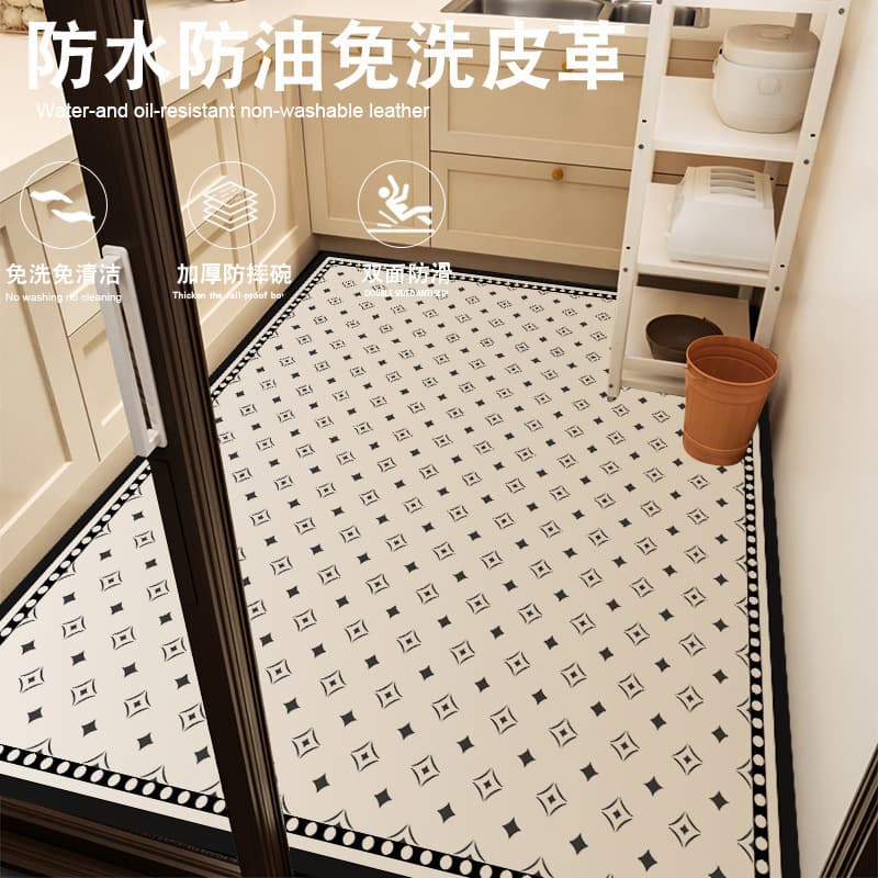 Simple Kitchen Waterproof and Oil-Proof PVC Floor Mat, Non-Slip, Easy to Clean, Full Coverage Kitchen Mat, Wipeable and Washable Carpet