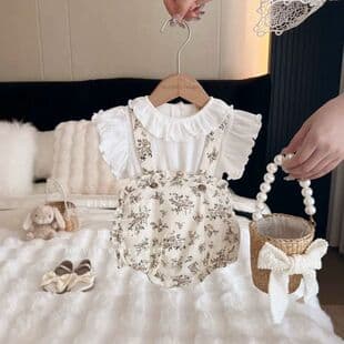 French Countryside | New Baby Girl Infant Floral Denim Overalls Cotton Two-Piece Set Other