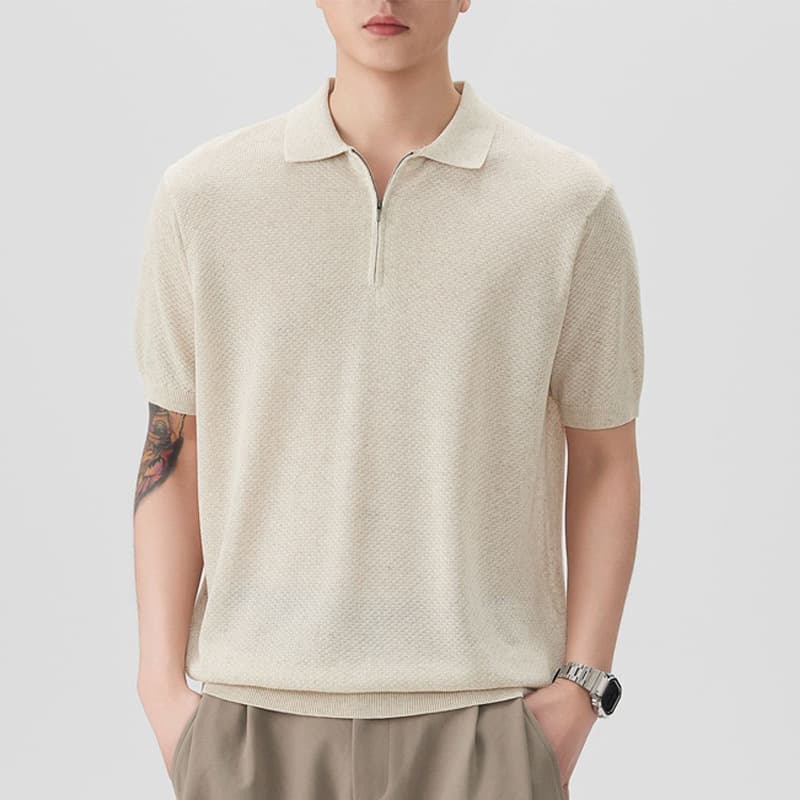 Danbaoni | Old Money Style Men's Short-Sleeve Knit Shirt with Turn-Down Collar and Zipper, Pullover T-Shirt, Japanese Retro Trendy Versatile Piece