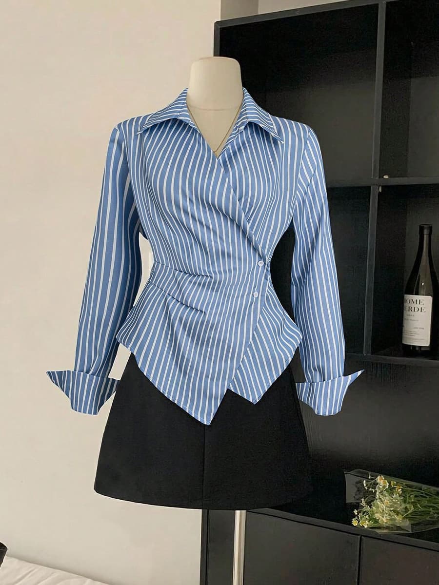 Cross-Border Women's Striped Blouse 2026 Fall New European and American Style Long-Sleeve Shirt Open Front Irregular