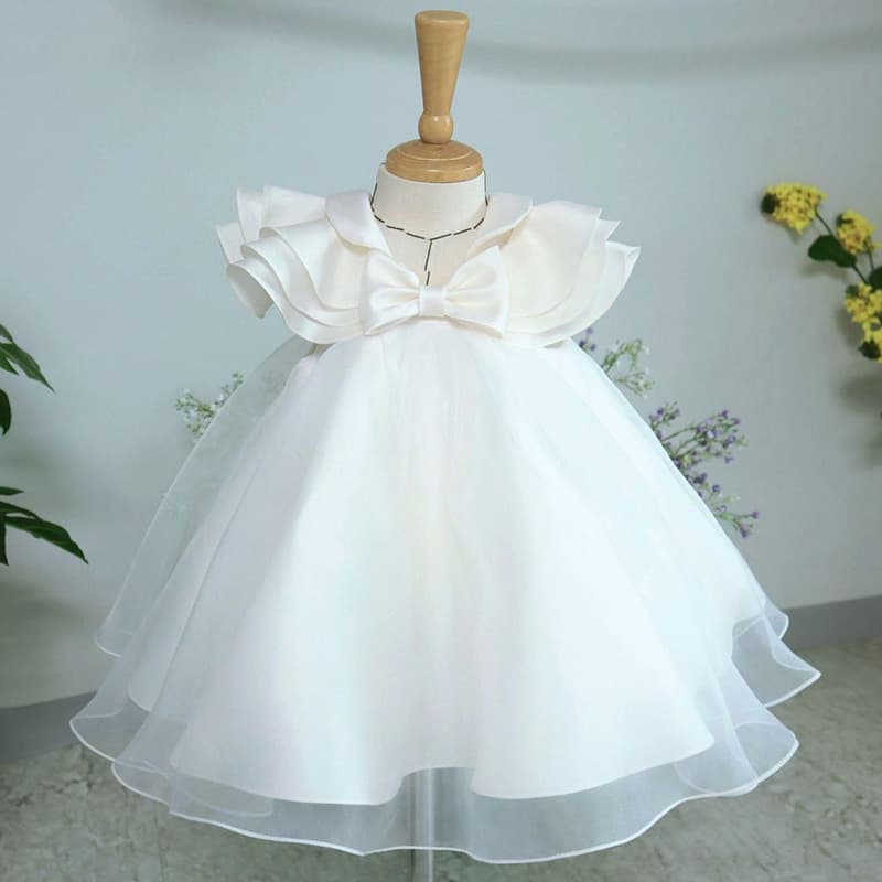Girls Birthday Dress Children's Puffy Skirt White Princess Gown with Bowknot Cute Net Fabric Polyester Lining Linen Skirt
