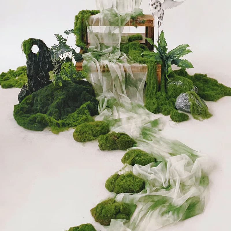 Green Gradient Sheer Fabric with Ink Wash Chinese Style Pavilion Roof Decoration Netting, Chinese Gauze Material for Kindergarten Environment Creation