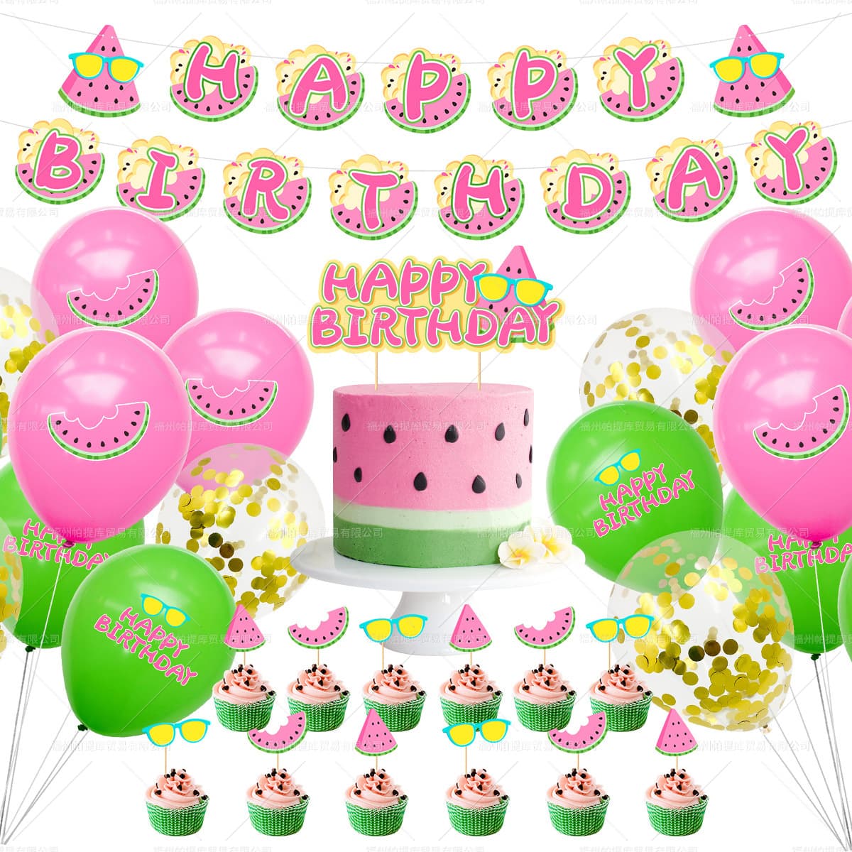 Watermelon Theme Party Decorations Watermelon Banner Cake Topper Balloon Garland Fruit Kids Birthday Balloon Set