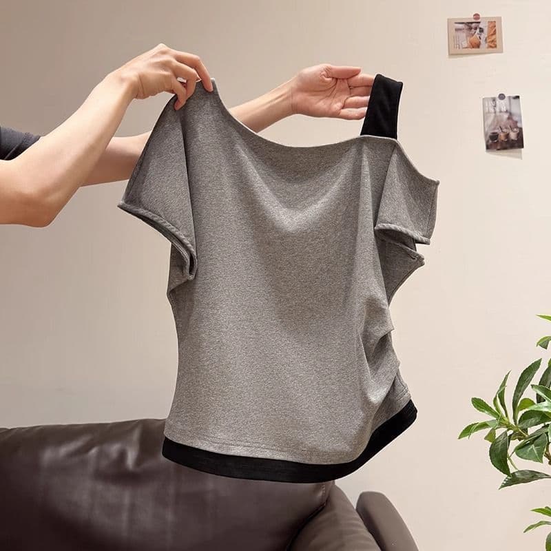 New T-Shirt Slim Fit Off-Shoulder Short Sleeve Waist-Cinching Top Women Asymmetric Neck 2026 Women Summer Patchwork Design Faux Two-Piece