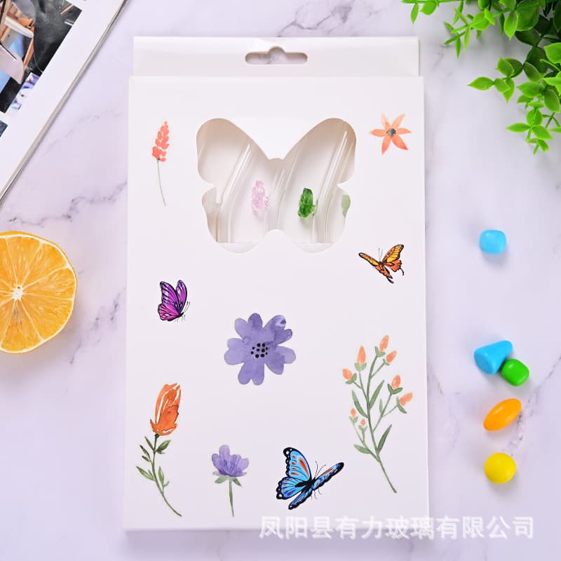 Factory Wholesale High Borosilicate Transparent Colored Butterfly Glass Straws Heat-Resistant Bent Straw 5+1 Set Amazon Cross-Border