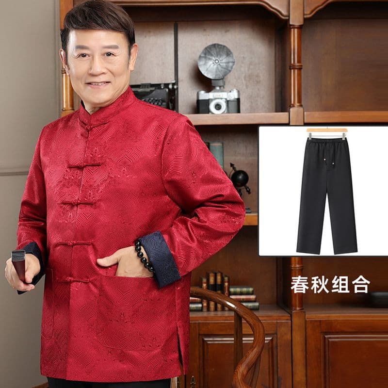 2025 New Elderly Hanfu Set Chinese Style Middle-Aged and Elderly Tang Suit Men's Spring and Autumn Jacket Dad's Zhongshan Suit