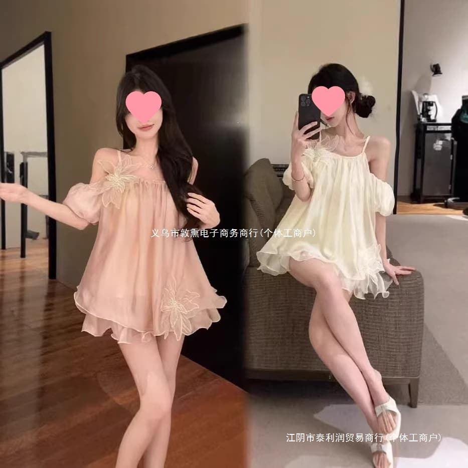 2026 New Hot Girl Suspender Summer New Fashion Off-Shoulder Beaded Three-dimensional Flower Puff Sleeve Top Pink Apricot