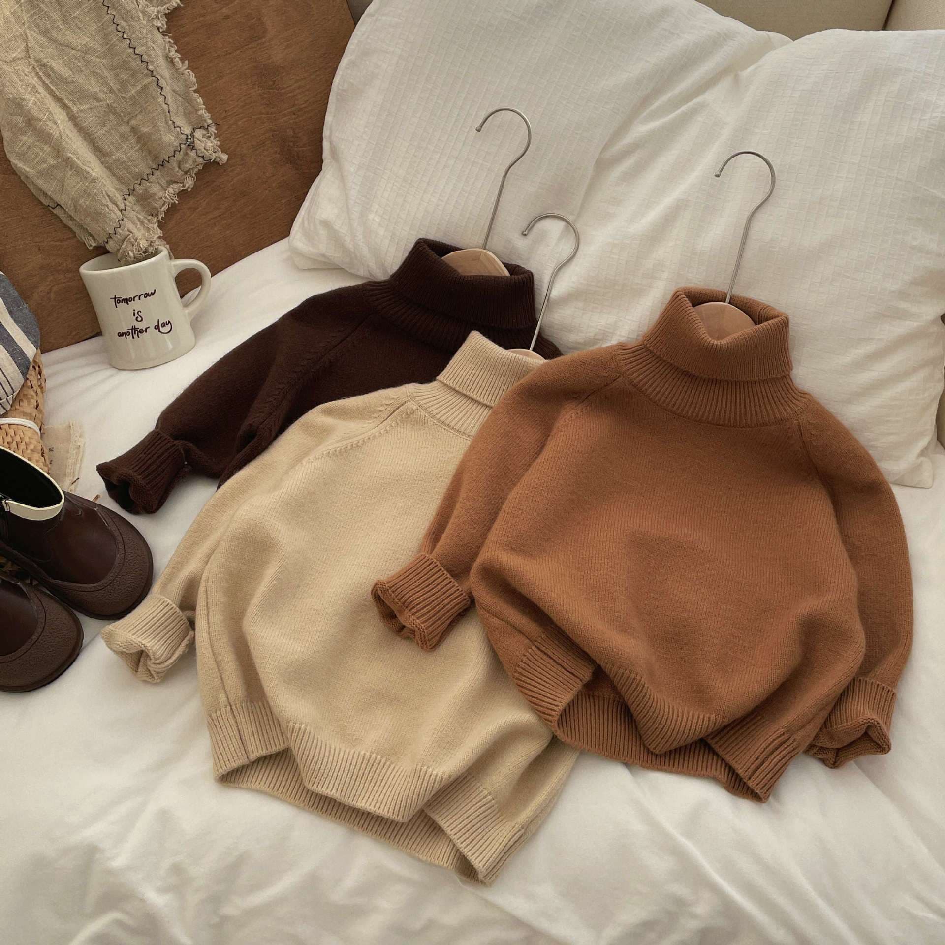2025 Forest style Korean style children's sweater thick stitch solid color turtleneck bottoming shirt children's thick pullover sweater for boys and girls