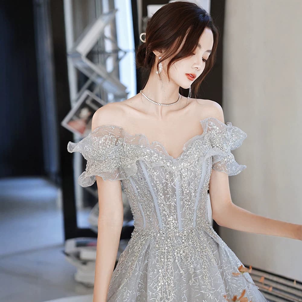 Evening Dress French Off-Shoulder Premium Birthday Gown 2026 New Light Luxury Unique Banquet Host Dress for Women