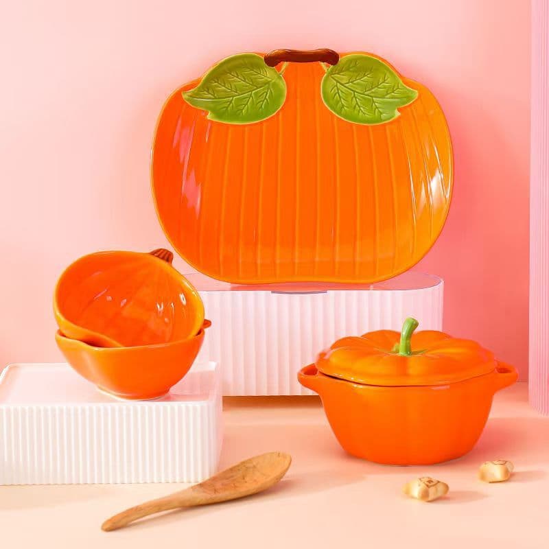 Cross-border Pumpkin Steamed Egg Bowl with Lid, Double-Handled Soup Bowl, Ceramic Plate, Baby Food Feeding Set, Chinese Traditional Style