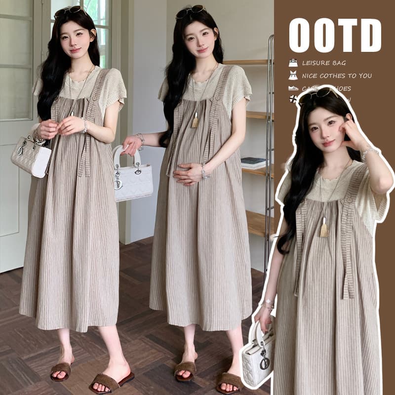 Real shot of maternity skirt, maternity suit, new hollow knitted top for summer + Korean style versatile slimming suspender skirt suit