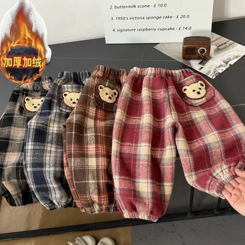[Treasure Wardrobe] New Fleece-Lined Fashionable Children's Long Pants, Warm All-in-One Fleece Versatile Casual Plaid Pants