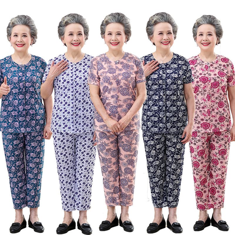 Women's summer outfits for seniors aged 60-70, short-sleeved, two-piece set, suitable for grandmothers over 80.