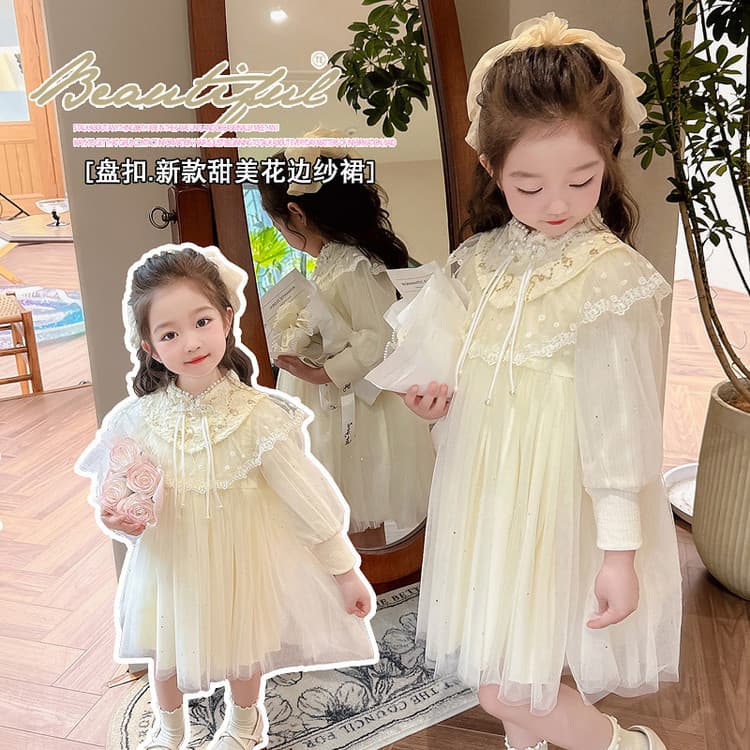 Girls Dress Spring Baby Girl 2026 Winter Children Stylish Middle Child Chinese Style Sequined Tulle Skirt Spring Autumn