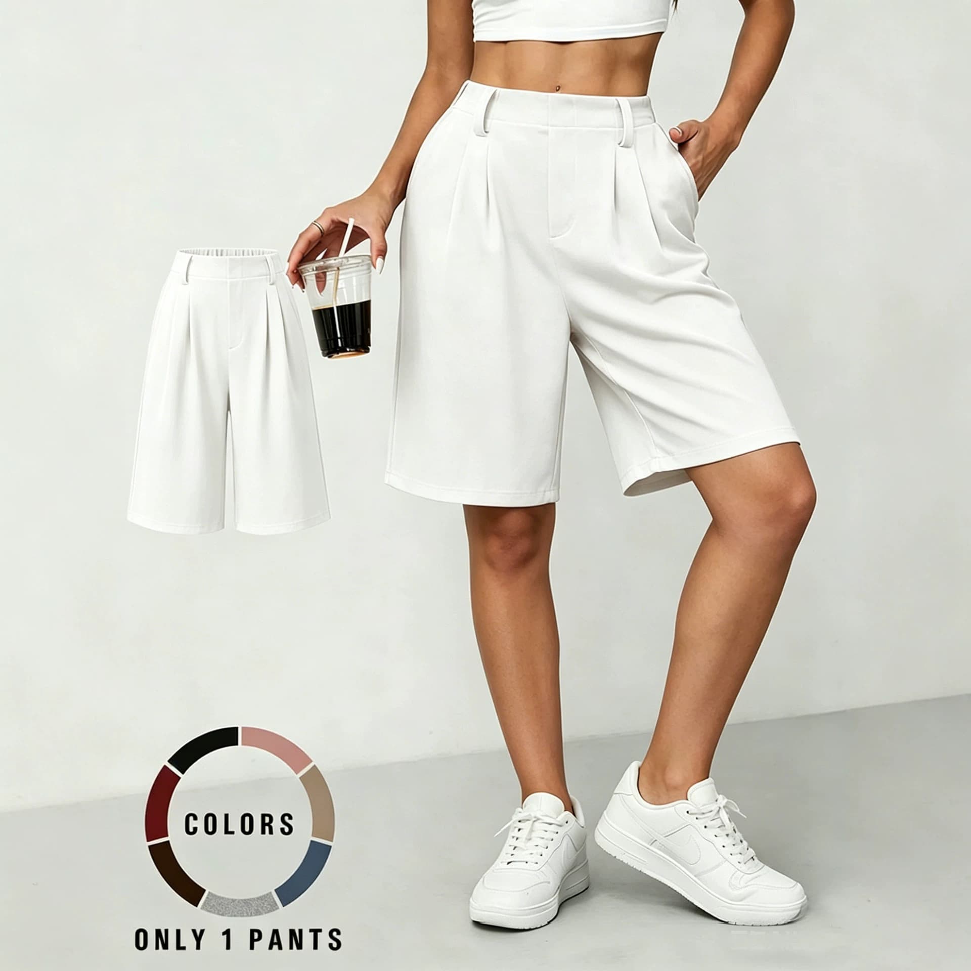 Women's Summer Cotton Linen Solid Loose Straight Leg Bermuda Shorts with Pockets, Thin Commuter Style for Amazon Export