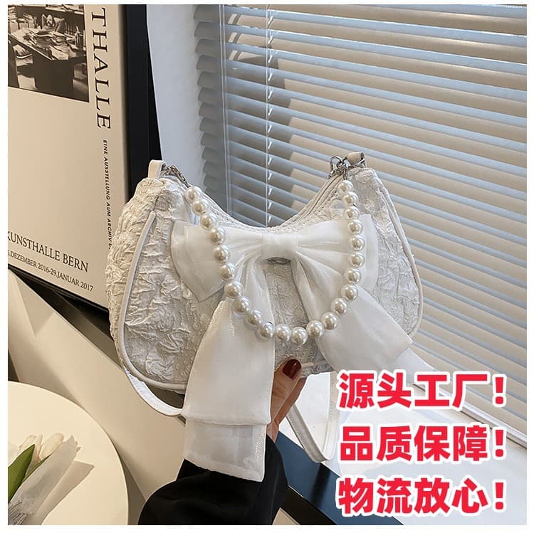 2026 New Sweet Cute Fashion Handbag Women's Shoulder Pearl Underarm Influencer Bag Bow Crossbody Bag