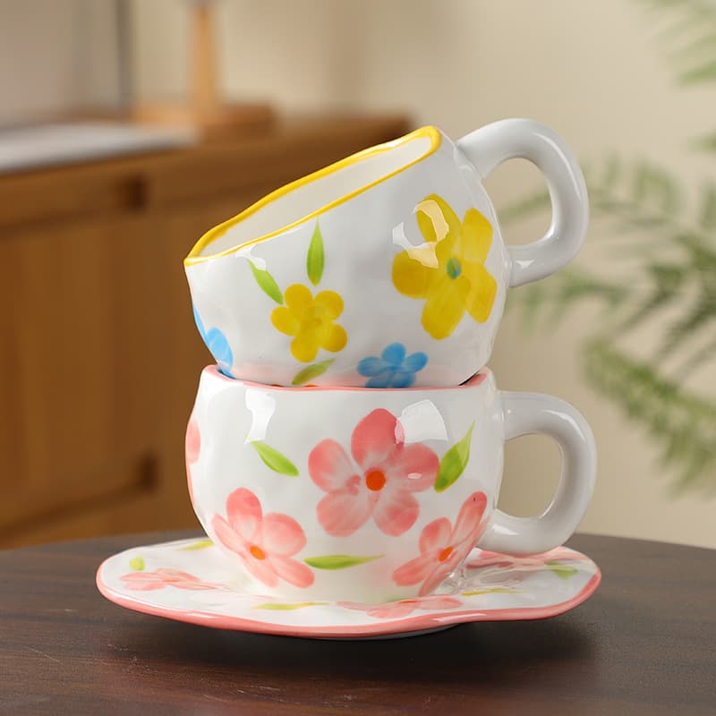 Handcrafted Creative Ceramic Cloud Coffee Cup and Saucer Set Irregular Hand-Painted Cute Mug Flower Water Cup