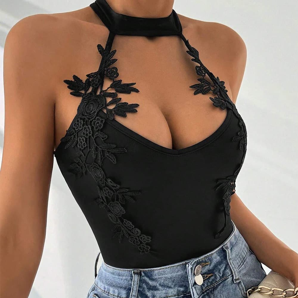Fashionable Casual One-Piece Romper Women's Spring Summer Lace Embroidery Design High Waist Cone Pants Comfortable Knitted Dress