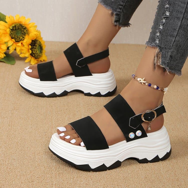 2024 Summer New Large Size Export Women's Shoes Wide One-Strap Sweet Style Thick Platform Wedge Sandals