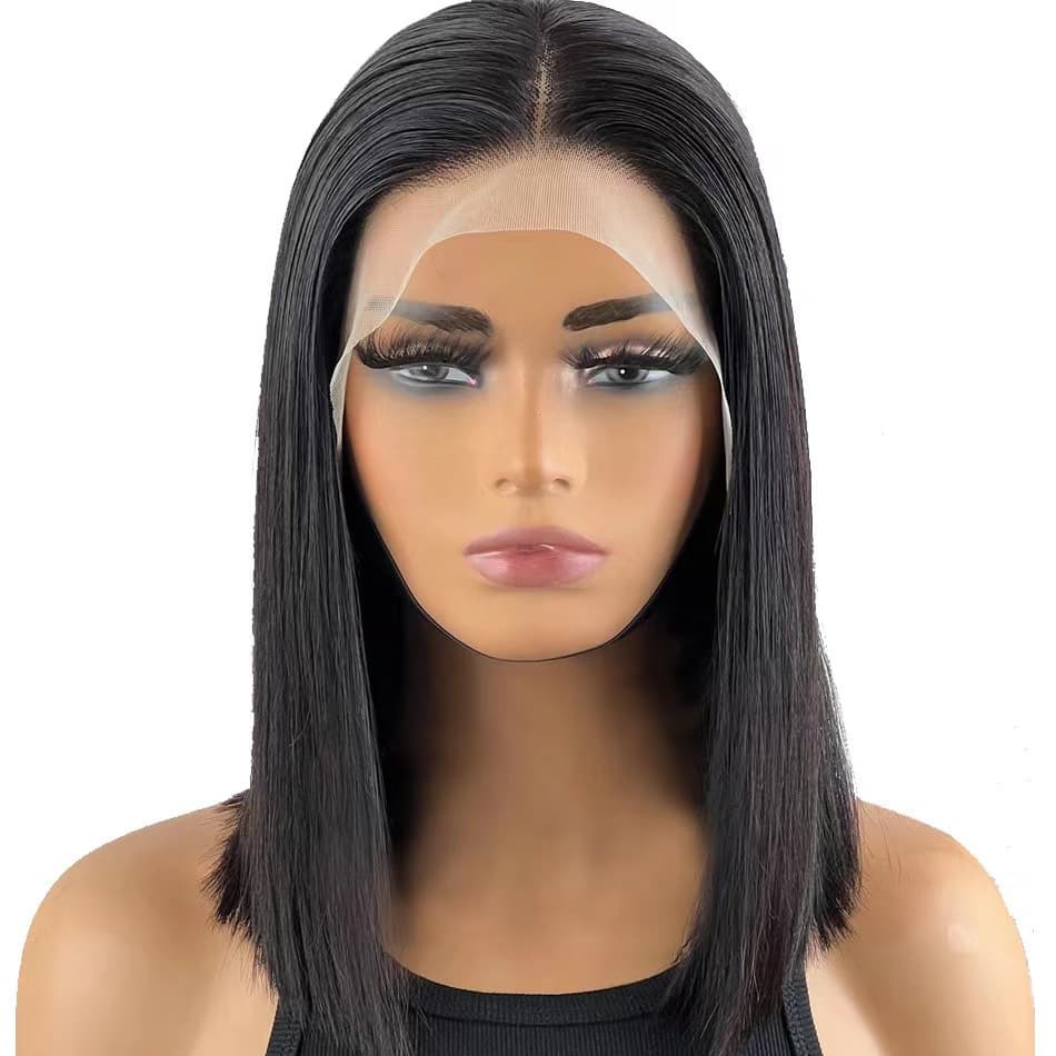 Cross-Border European and American Front Lace Real Human Hair Breathable Gray Coverage Wig, Full Real Human Hair Straight Short Wig, Handmade Wig Cap