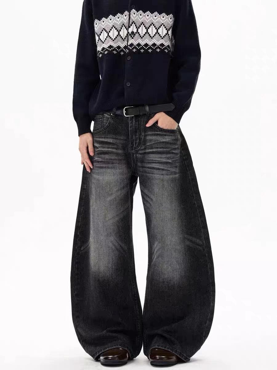 American Vintage Washed Cat Whisker Clean Fit Jeans for Men and Women, Rogue Style Loose Straight Wide Leg Versatile Curved Cut Pants