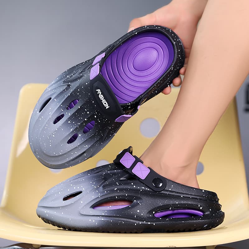 New summer clog shoes for men, thick-soled outer wear, starry sky gradient beach sandals and slippers, two-wear toe-toe half drag