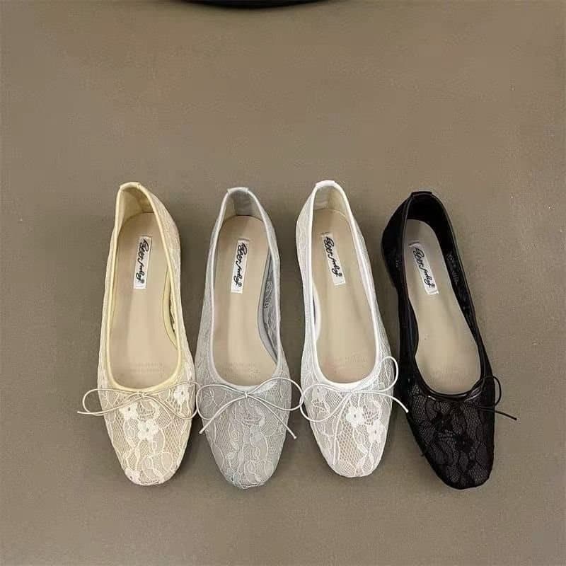 French Pure Desire Style Hollow Mesh Single Shoes Plus Size New Fairy Style Elegant Lace Bow Grandma Shoes Slip-Ons